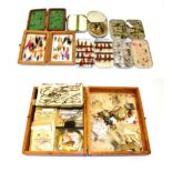 A collection of assorted wood, plastic and alloy fly boxes and cases including Wheatley examples,