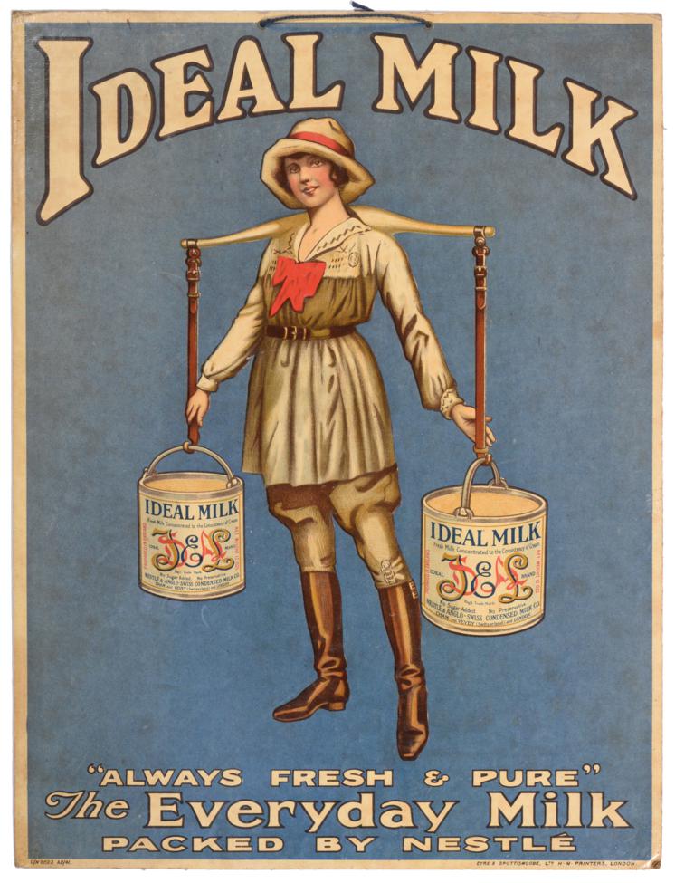 Ideal Milk Advertising Card depicting a dairy girl carrying two Ideal Milk containers on a shoulder
