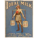 Ideal Milk Advertising Card depicting a dairy girl carrying two Ideal Milk containers on a shoulder