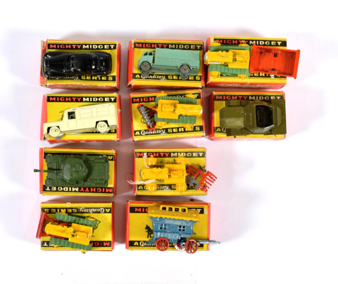Benbros Mighty Midgets Ten Assorted Models 5 Gypsy caravan, 10 Bulldozer, 11 Tractor & hay rake,