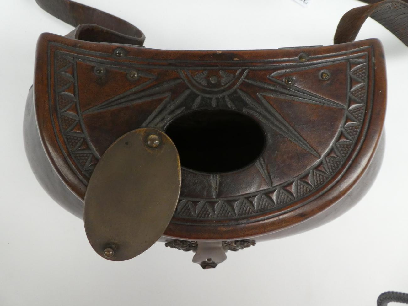 A good 18th century leather pot-bellied fishing creel, the hinged cover tooled with a sunburst - Image 7 of 7