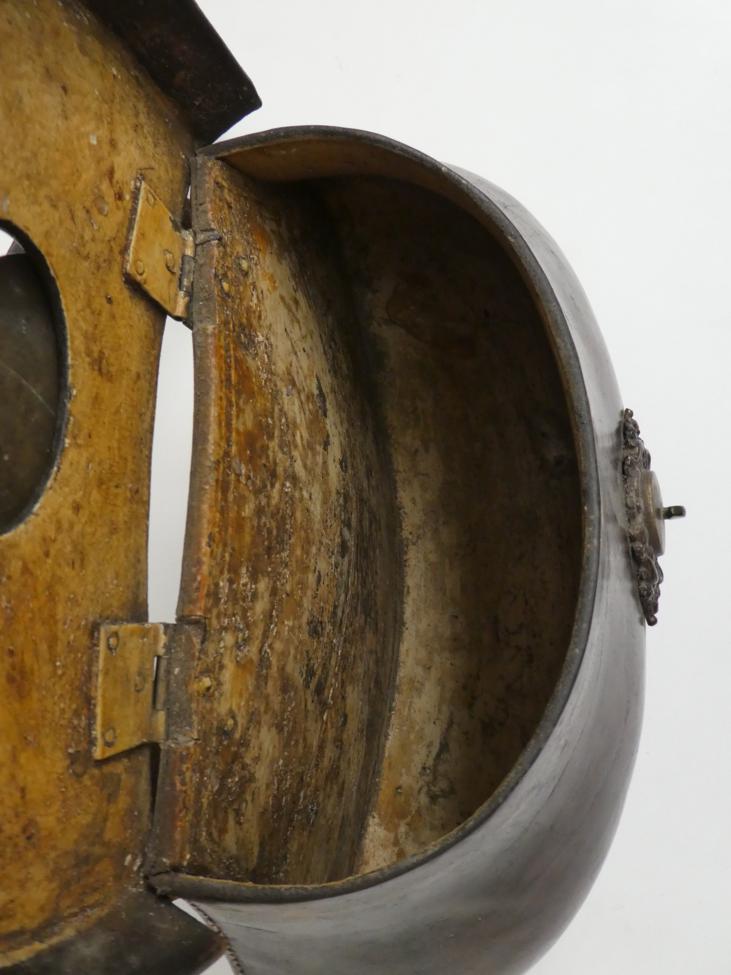 A good 18th century leather pot-bellied fishing creel, the hinged cover tooled with a sunburst - Image 5 of 7