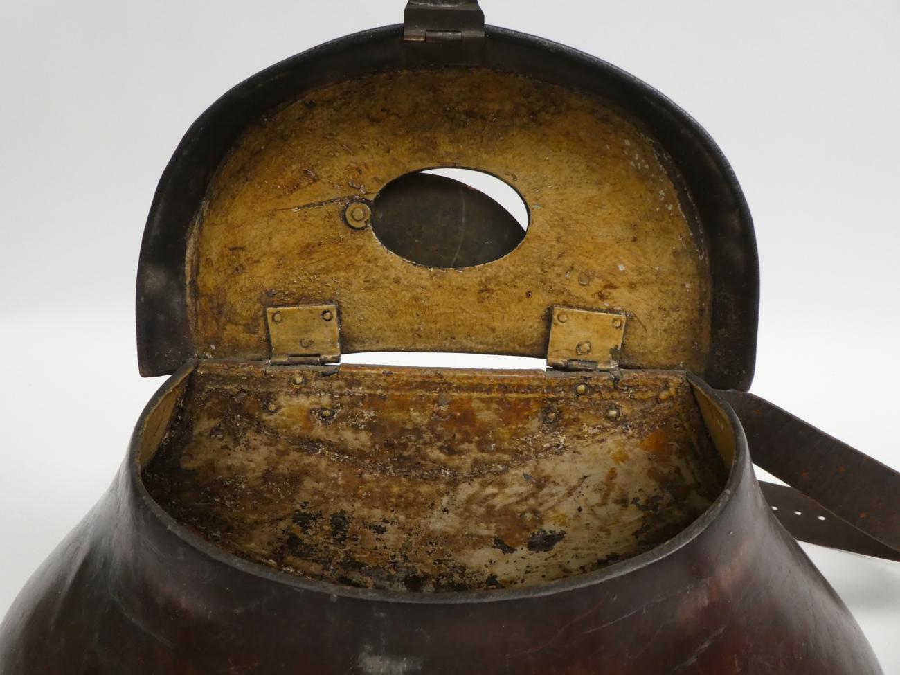 A good 18th century leather pot-bellied fishing creel, the hinged cover tooled with a sunburst - Image 4 of 7