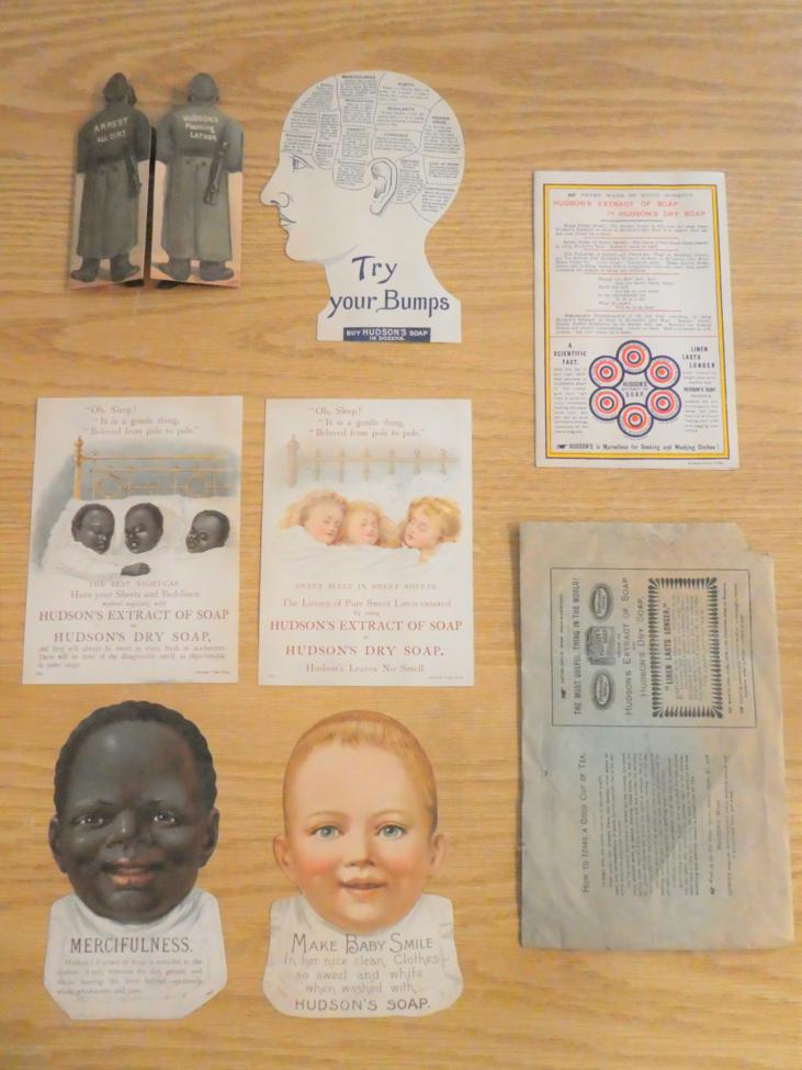 A small collection of Hudson's Soap advertising material, in original envelope, lithographs on paper