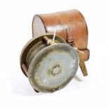 A C. Farlow & Co. Ltd., 4 1/2 in., brass and alloy, platewind salmon fly reel, ebonite handle,