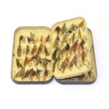 A Malloch's patent black japanned fly and cast box, containing approx. 64 salmon flies including