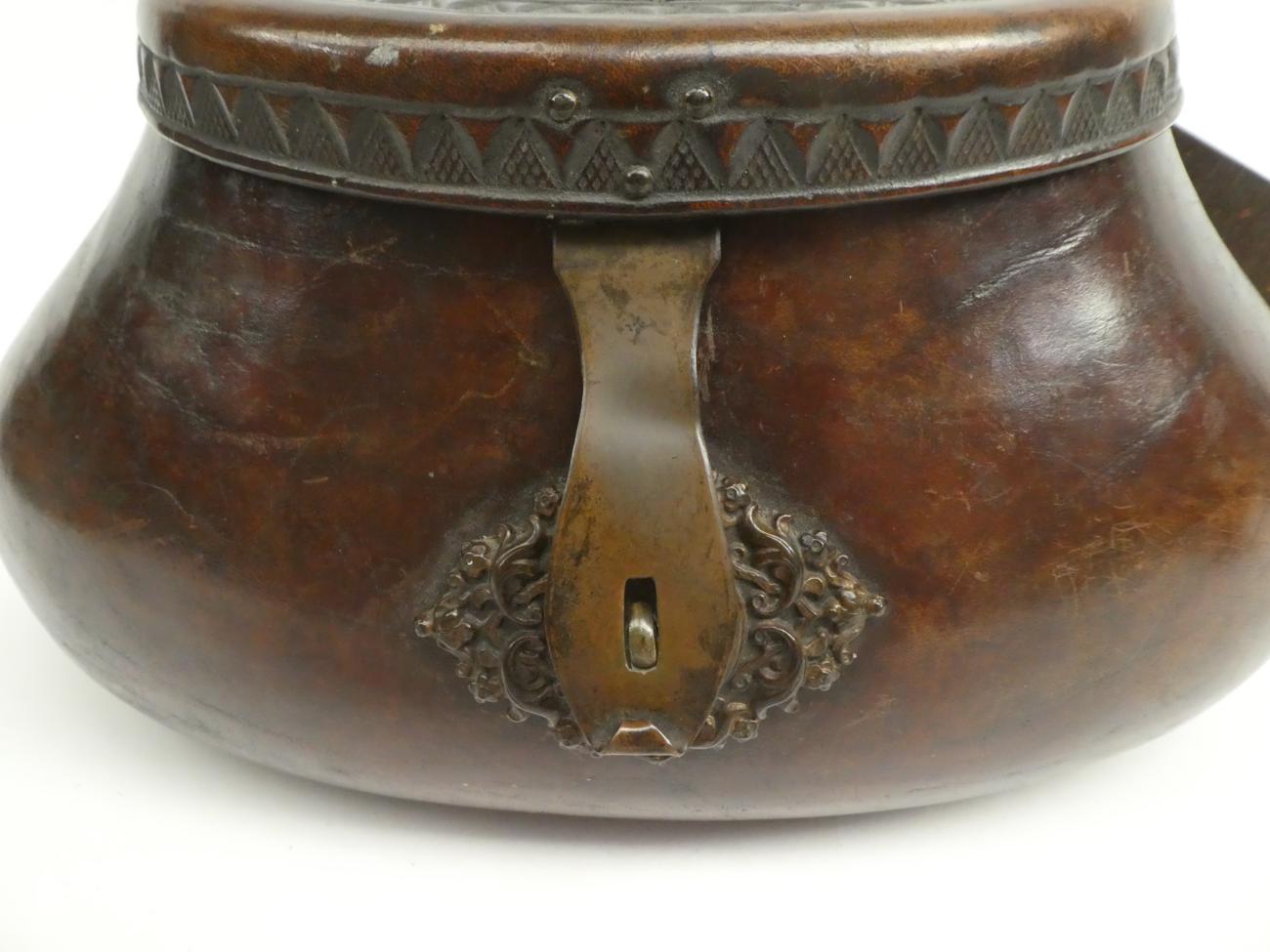 A good 18th century leather pot-bellied fishing creel, the hinged cover tooled with a sunburst - Image 3 of 7