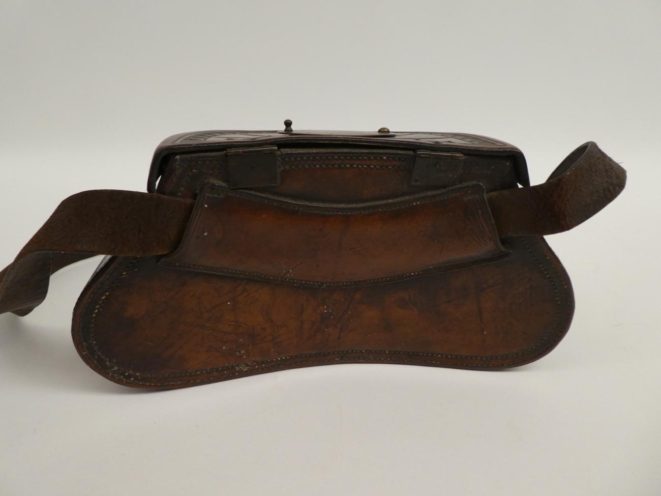 A good 18th century leather pot-bellied fishing creel, the hinged cover tooled with a sunburst - Image 2 of 7