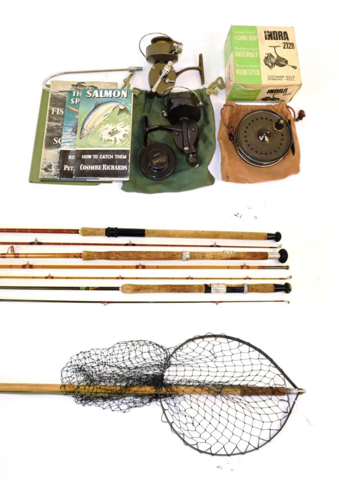 A collection of fishing tackle, accessories and related items, comprising a Hardy bamboo-handled