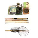 A collection of fishing tackle, accessories and related items, comprising a Hardy bamboo-handled