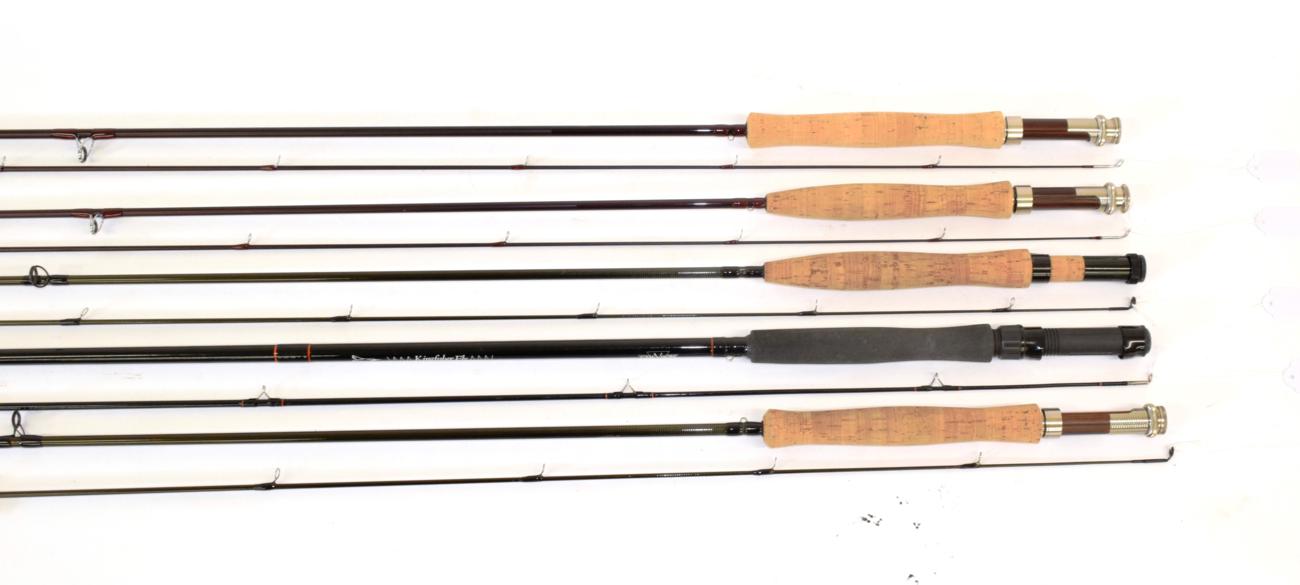 Five carbon fly rods, comprising: Airflo Classic two-piece 9' AFTM 7-8; Airflo Classic two-piece