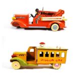 Two German (?) Wooden Trucks (i) Pigeon Car 18'', 45cm (ii) Fire engine (both F-G, incomplete) (2)