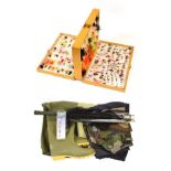Assorted fishing accessories and clothing, comprising modern wooden double compartment fly