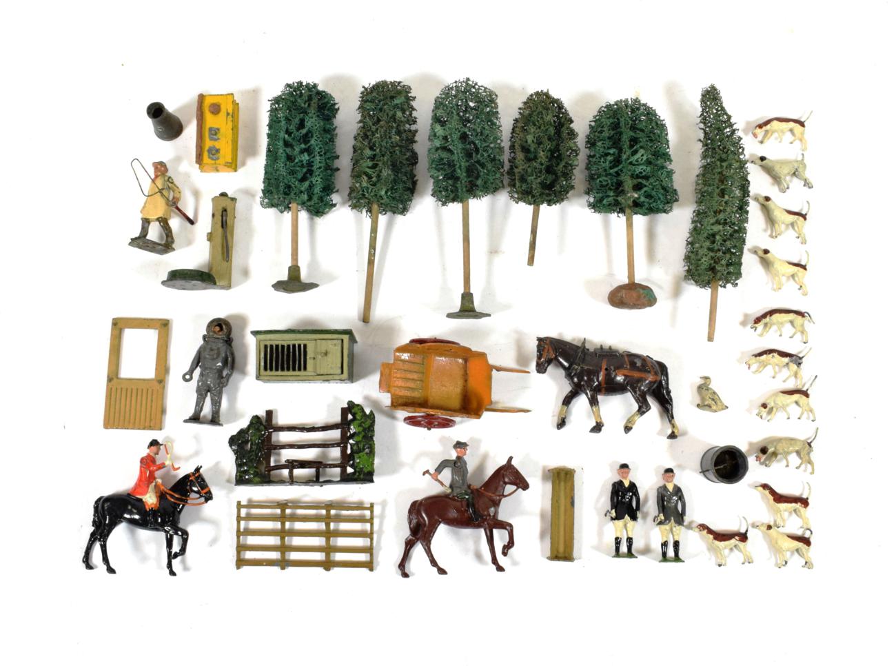 Various Figures including Britains Hunt, a deep sea diver, Milk cart, Hornby trees and others