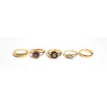 A 9 carat gold band ring, finger size N1/2; three 9 carat gold gemset rings, various finger sizes;