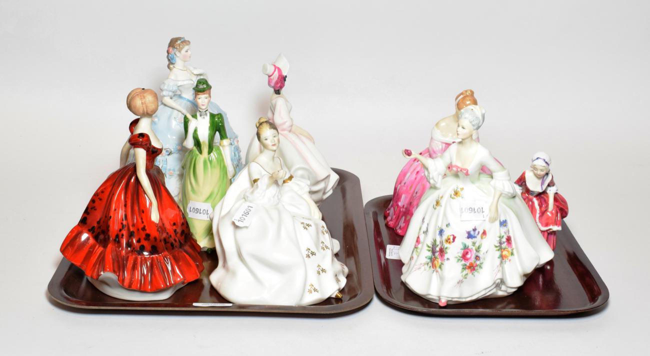 Eight porcelain figurines comprising a Royal Worcester 'The First Quadrille' Ltd edition no 6,657/