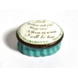 A late 18th century Bilston enamel patch box inscribed ''Look within and you may view a maid to whom