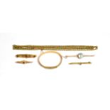 Four bar brooches, of various designs; a chain, unmarked, length 81cm; and a bangle, stamped '9CT