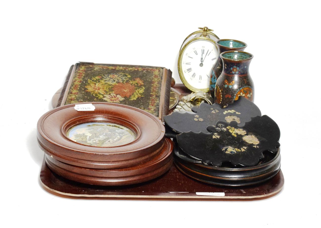 Oval brass desk timepiece; two framed Shakespeare pot lids; zig-zag corkscrew; two Victorian