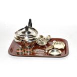 Silver; teapot Sheffield, 1897, tea strainer, Birmingham, 1938, pair of ashtrays, Birmingham,