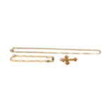 A 9 carat gold bracelet, length 18cm; a 9 carat gold floral engraved cross pendant, measures 2.