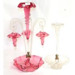 A Victorian cranberry glass epergne (one cane lacking), together with a clear glass single stem