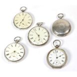 Five pocket watches, three of the cases with London hallmarks, one case stamped 0.935 and one