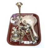 A selection of silver items to include enamel and silver glass dressing table scent bottle, spill
