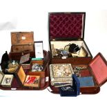 A quantity of costume jewellery including bead necklaces, brooches, shell mounted jewellery box