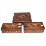 A walnut veneered later marquetry box and two inlaid boxes depicting chariots, one box containing