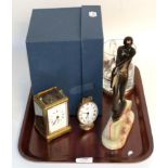 A glass silver mounted Broadway tankard; a brass carriage timepiece; a Swiza alarm desk timepiece;