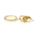 A band ring, remodelled to a swirl design, unmarked, finger size F; and a band ring stamped '585',