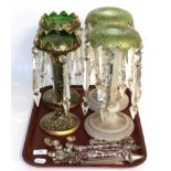A pair of Victorian green and gilt table lustres, together with another pair of green opaque and