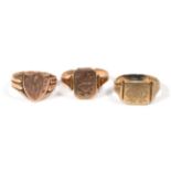 Three 9 carat gold signet rings, finger sizes Q1/2, R1/2 and O1/2 (3). Gross weight 11.55 grams.