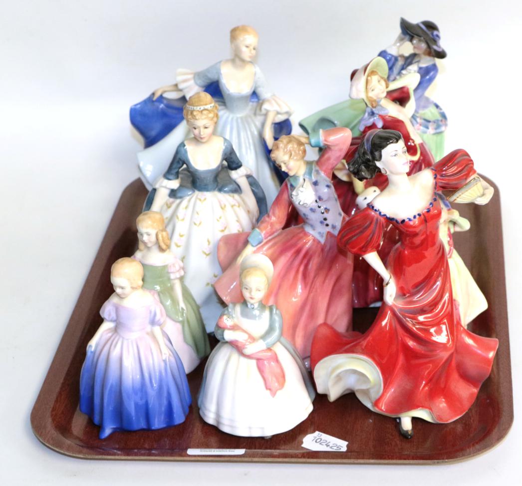 A tray of Royal Doulton and Coalport ladies including 'Autumn Breezes' and 'Top o the Hill'