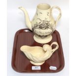 A 19th century cream ware shallow form sauce boat, together with a later cream ware teapot (