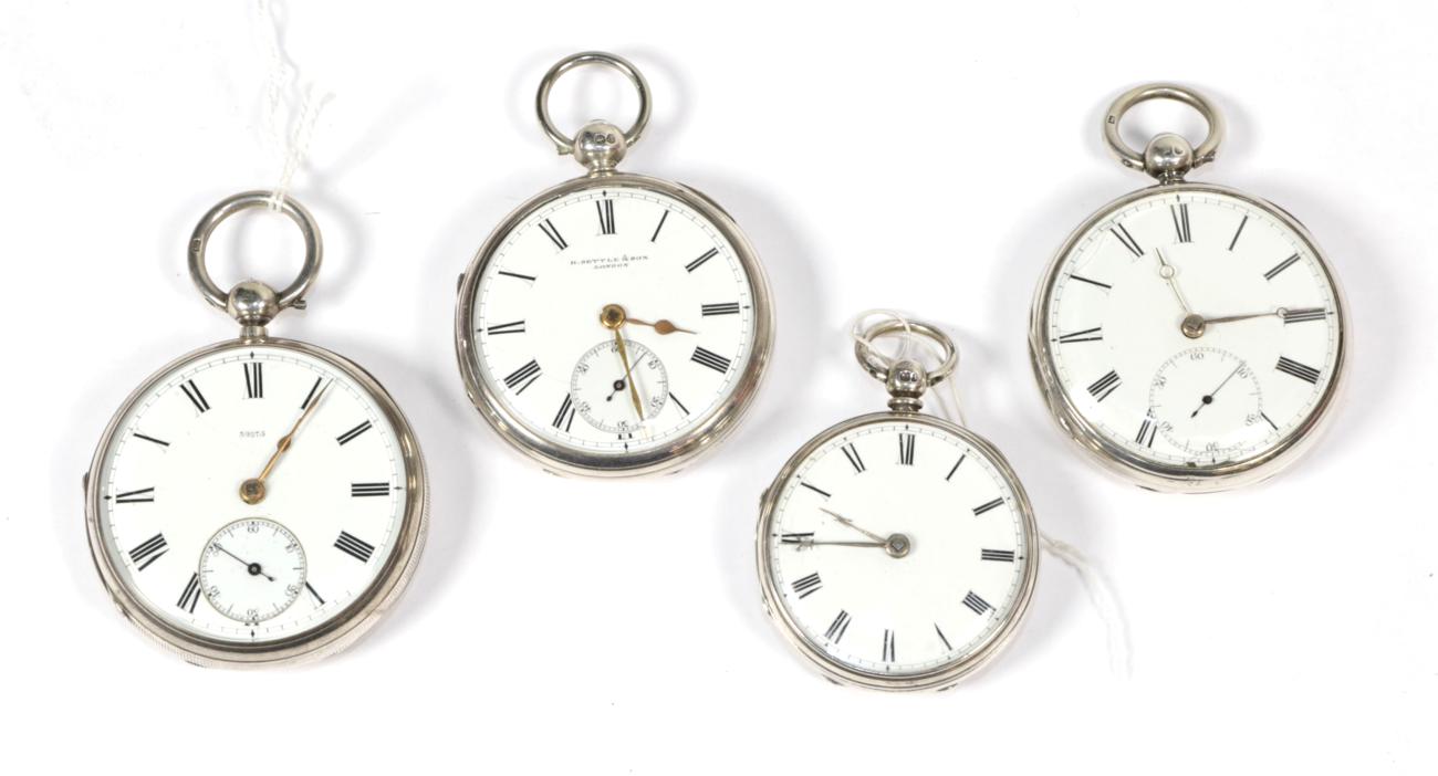 Three silver open faced pocket watches and a lady's silver fob watch, signed Savory & Sons