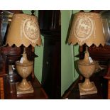 A pair of modern printed metal table lamps and shades in the Sheraton Revival style