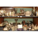 A quantity of silver plate, including a shaped circular Chinese-style bowl, a quantity of tea and