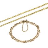 A 9 carat gold fancy link bracelet, length 18cm; and a 9 carat gold rope link necklace, length 39.