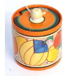 A Clarice Cliff 'Fantasque' pattern preserve jar and coverScratch marks in parts. Signs of tape