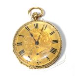 An 18 carat gold cased lady's fob watch, stamped, tooled Roman dial, with mounted clip and