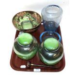 Tray including Maling 1930s lustre bowl, Maling ashtray, pair of ginger jars and covers, a glass