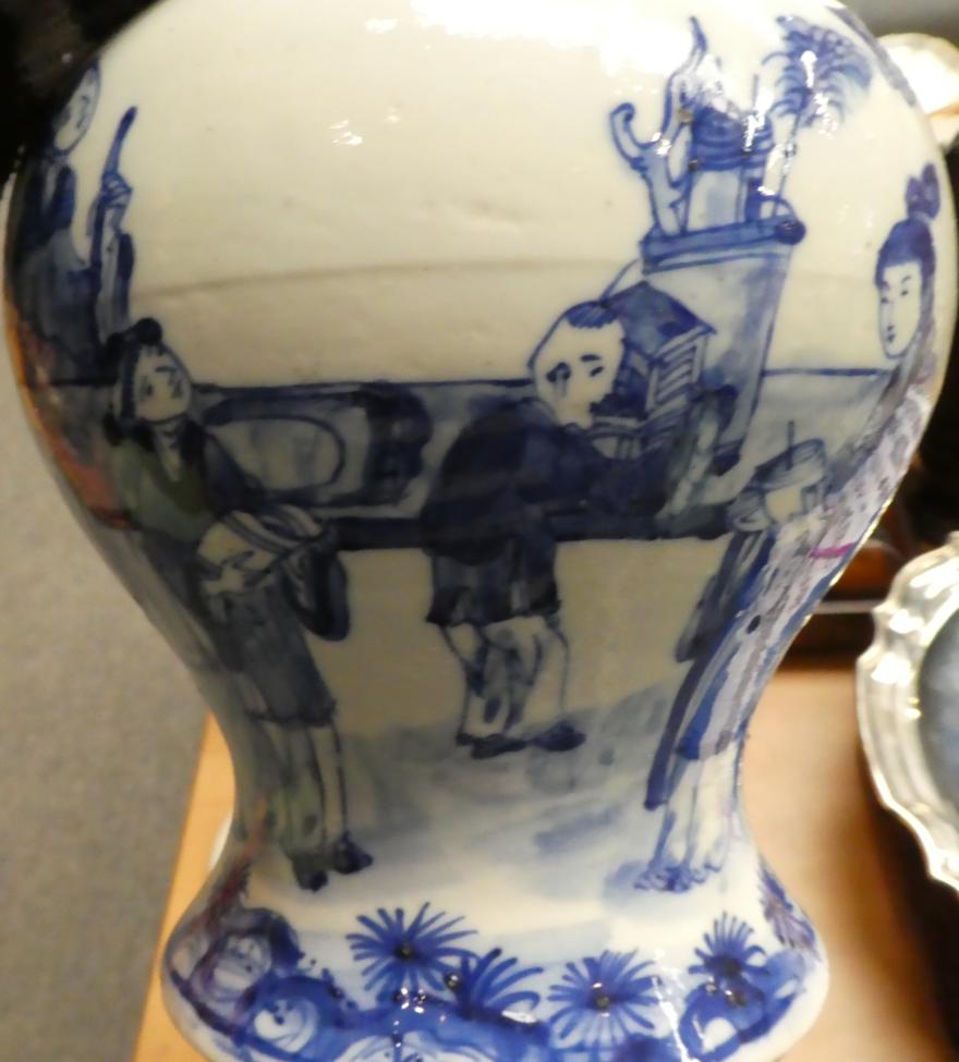 A 19th century Chinese blue and white figural vase and cover Vase and cover with firing blemish - Image 6 of 7