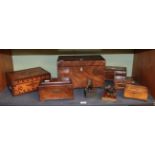 Four 19th century boxes, George III tea caddy, 20th century musical jewellery box and two resin