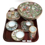 A tray of Cantonese famille rose ceramics including a brush pot, bowl, teacups and saucers, soap
