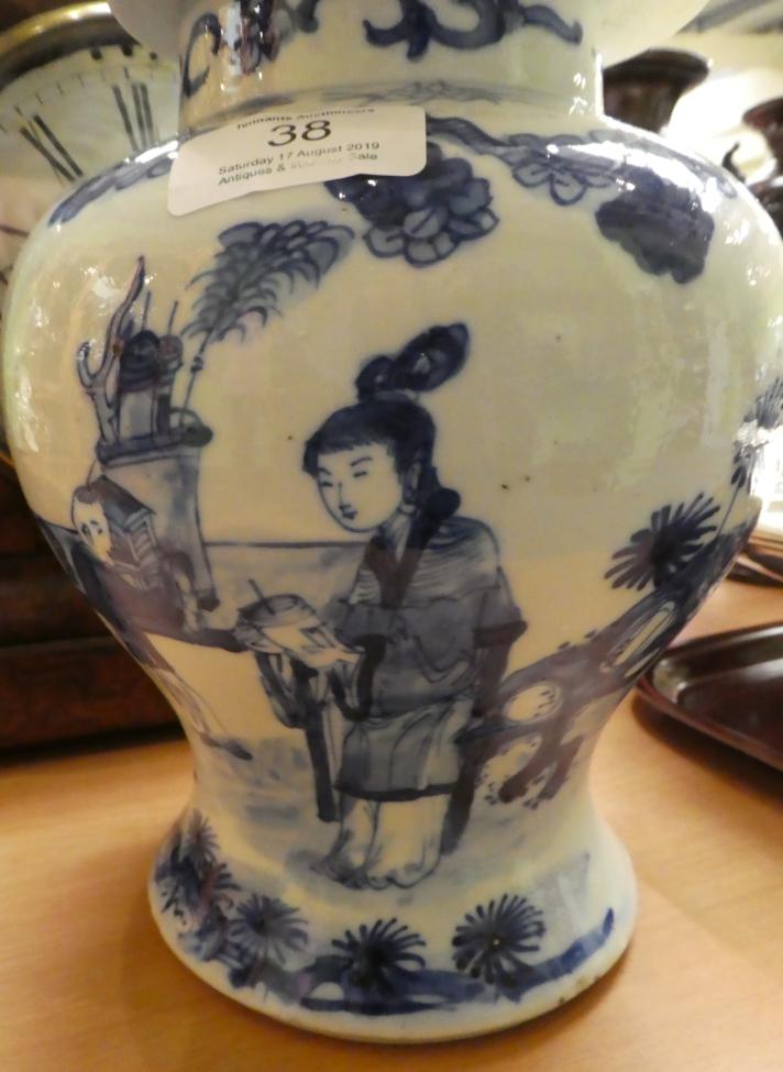 A 19th century Chinese blue and white figural vase and cover Vase and cover with firing blemish - Image 3 of 7