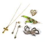 A cross on chain, both stamped '9CT', chain length 43.5cm; a pair of heart motif drop earrings,