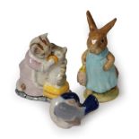 Two Beatrix Potter animals and a Copenhagen bird; together with a group of soft toys, doll, sewing