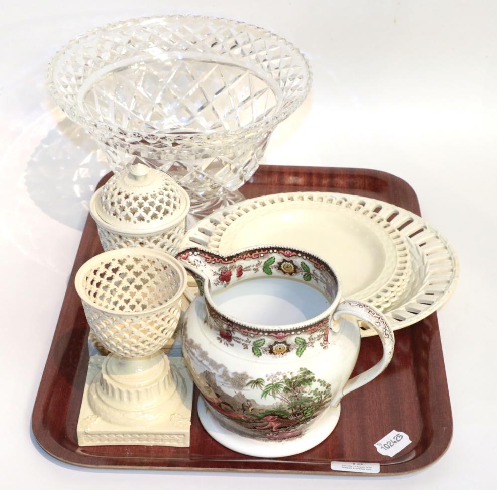 A group of 19th century cream ware, a transfer printed jug depicting a tiger hunt and a cut glass